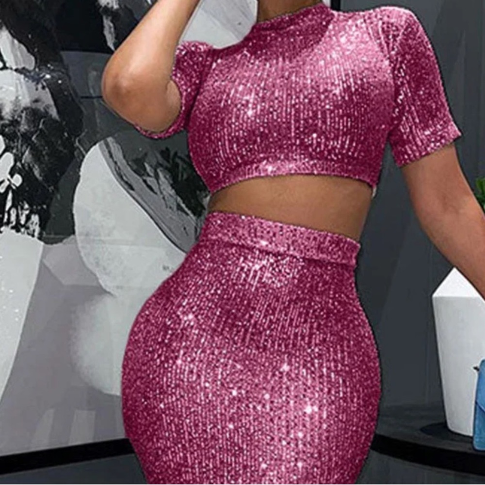 Solid Sequins Two Piece Set Pink Size Large Never… - image 1